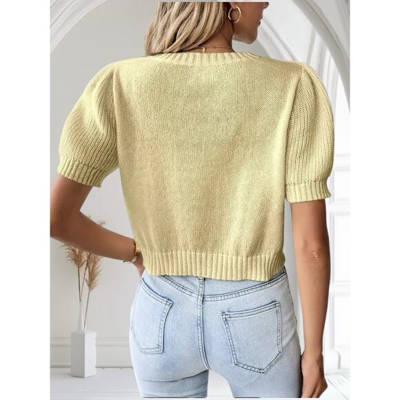Soft Pastel Yellow Cropped Cableknit Short Sleeve Sweater Women XL Trending Chic - Picture 4 of 8